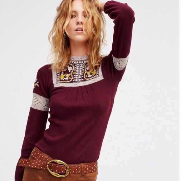 Free People Tops - FREE People burgundy embroidered BoHo blouse